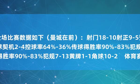 全场比赛数据如下（曼城在前）：射门18-10射正9-5预期进球2.11-1.87进球契机2-4控球率64%-36%传球得胜率90%-83%犯规7-13黄牌1-1角球10-2    体育赛事直播